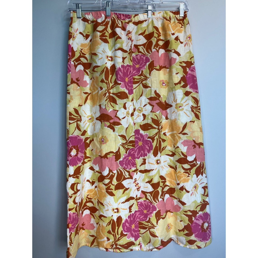 Hot Cotton Floral Linen Skirt Women's Size L Maxi Pink Yellow Brown Cottagecore